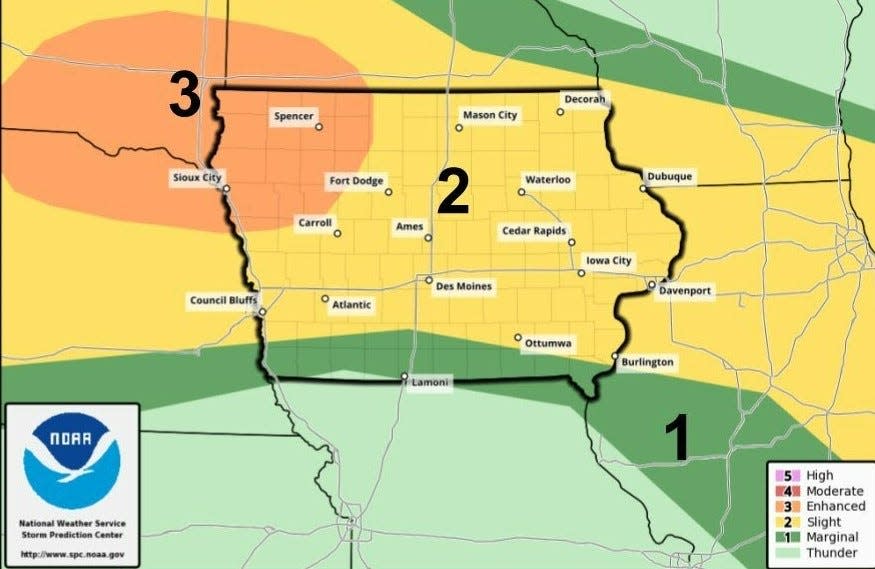 Severe thunderstorms will travel from northwest to southeast Iowa on the evening of Tuesday, July 5, 2022, according to the National Weather Service.