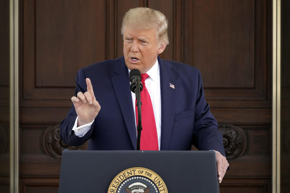 President Donald Trump speaks during a news conference on the North Portico of the White House, Monday, Sept. 7, 2020, in Washington. (AP Photo/Patrick Semansky)