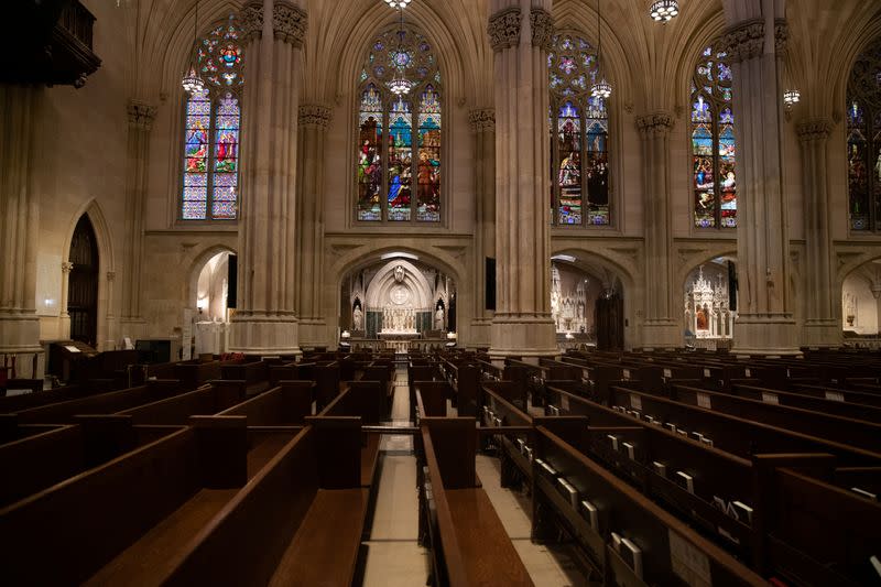 Empty seats are seen during an Easter service at St. Patrick's Cathedral as the outbreak of the coronavirus disease (COVID-19) continues in the Manhattan borough of New York City