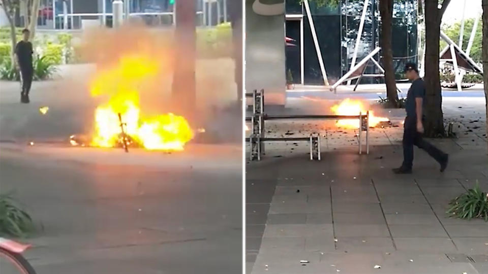 The e-scooter caught fire outside the Red Dot Design Museum on Wednesday (26 September) evening. (PHOTOS: Facebook / Zuhayr Azman, Karen Wong)