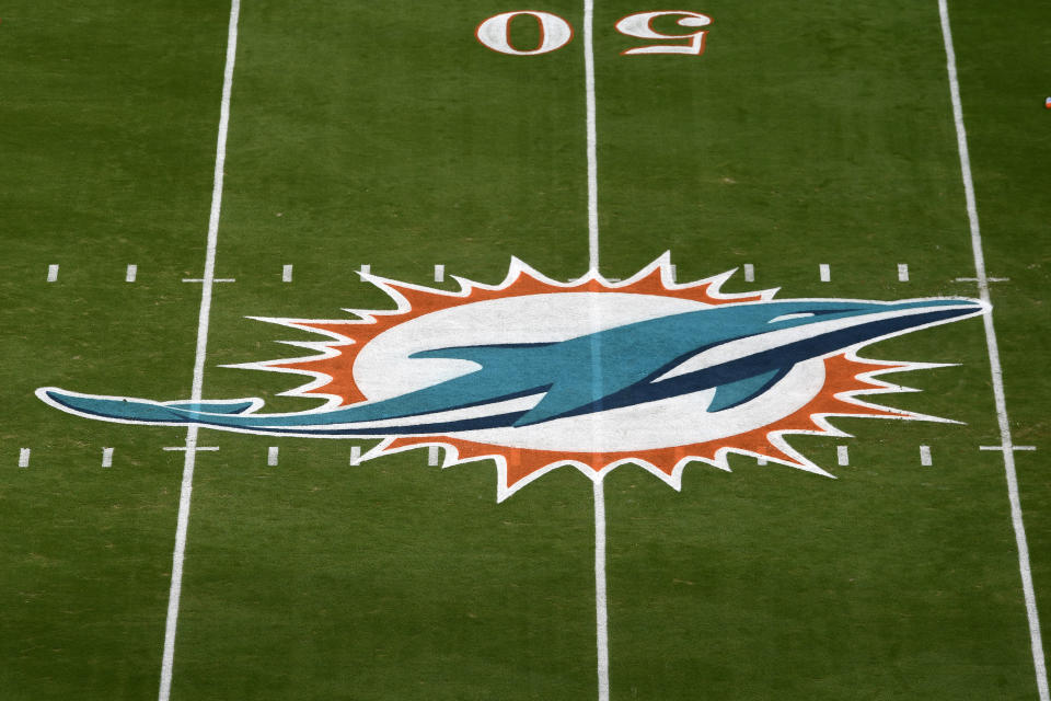 MIAMI GARDENS, FL - DECEMBER 05: The Miami Dolphins logo is seen at mid-field before the NFL football game between the New York Giants and the Miami Dolphins on December 5, 2021, at Hard Rock Stadium in Miami Gardens, Florida. (Photo by Michael Allio/Icon Sportswire via Getty Images)