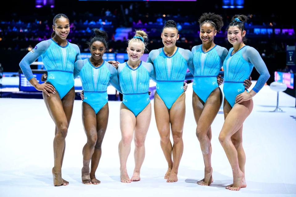 <p>Tom Weller/picture alliance via Getty </p> Team USA at the 2023 Gymnastics World Championships