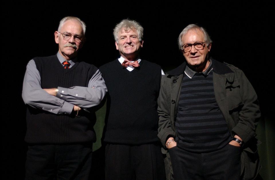 The Big Three: From left, Thalian Association director Sam Garner, Thalian Hall director Tony Rivenbark and Opera House Theatre Co. director Lou Criscuolo share a spotlight on the stage of Thalian Hall, circa 2005. All three giants of Wilmington theater have now passed.