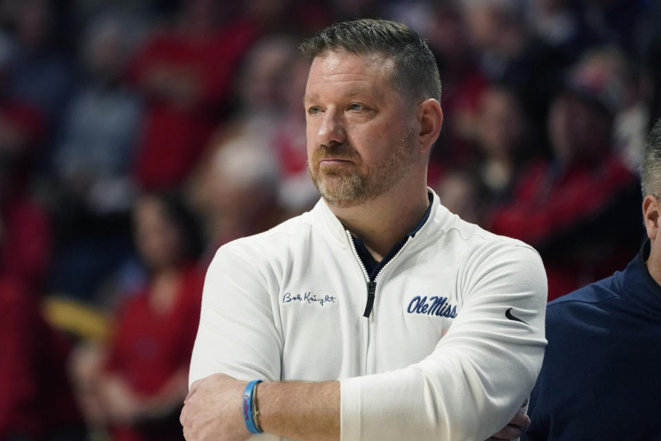 Mississippi head coach Chris Beard watches his team during the second half of an NCAA college basketball game against Mississippi State, Tuesday, Jan. 30, 2024, in Oxford, Miss. (AP Photo/Rogelio V. Solis)