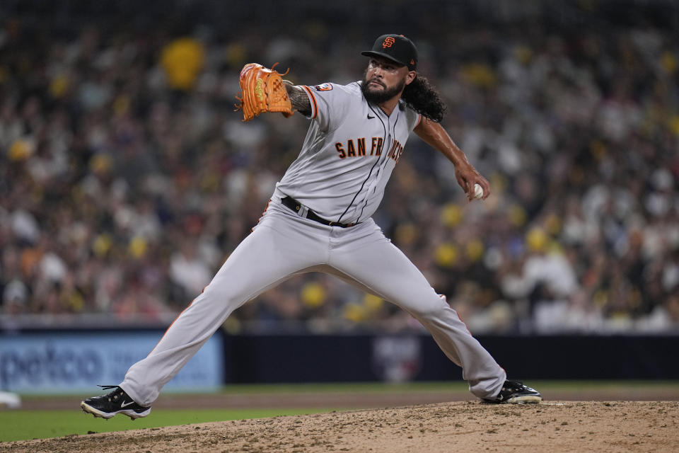 San Francisco Giants relief pitcher Sean Manaea works against a San Diego Padres batter during the fifth inning of a baseball game Thursday, Aug. 31, 2023, in San Diego. (AP Photo/Gregory Bull)