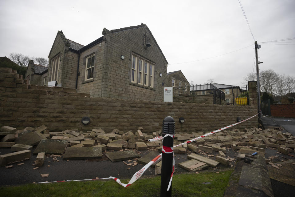 STALYBRIDGE, ENGLAND - DECEMBER 28: Debris from a wall damaged by a tornado is seen on December 28, 2023 in Stalybridge, England. Houses in the Tameside area of Greater Manchester have been damaged by a localised tornado during Storm Gerrit. Police declared a major incident last night as roofs were torn off the houses and trees uprooted, but no reported injuries. (Photo by Ryan Jenkinson/Getty Images)