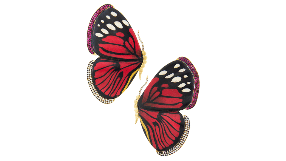 Silvia Furmanovich Wood Marquetry, Diamond and Ruby Butterfly Earrings - Credit: Silvia Furmanovich