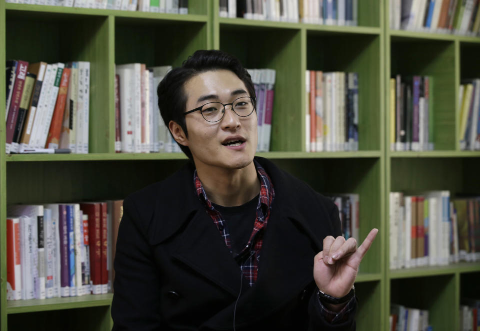 In this Dec. 23, 2013 photo, Kim Dong Hyun, a 25-year-old conscientious objector who was sentenced to 18 months, speaks during an interview in Seoul, South Korea. More than 50 men have refused to serve in the past decade because of nonreligious personal beliefs or political reasons, including Kim. “Right now, I only have two choices: military or prison. Of the two, I think prison is the more peaceful choice,” Kim said. “At least in prison I don’t have to train to kill.” (AP Photo/Lee Jin-man)