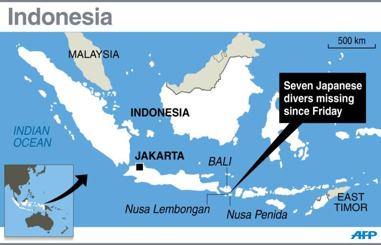 Map locating Nusa Lembongan island near Bali where seven Japanese scuba divers went missing on Friday