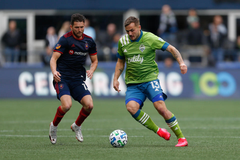 Jordan Morris (right) has three goals and an assist in the Seattle Sounders's first three games of 2020. (Jennifer Buchanan/USA Today)