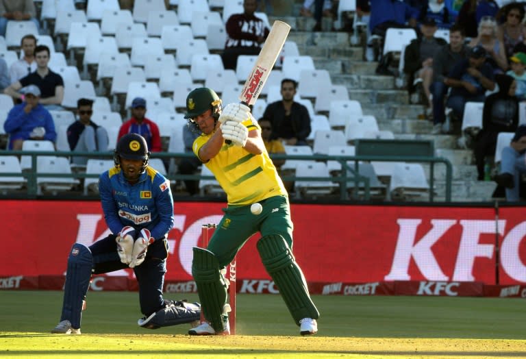 South Africa's AB de Villiers (C) plays a shot during their T20 cricket match against Sri Lanka on January 25, 2017, in Cape Town