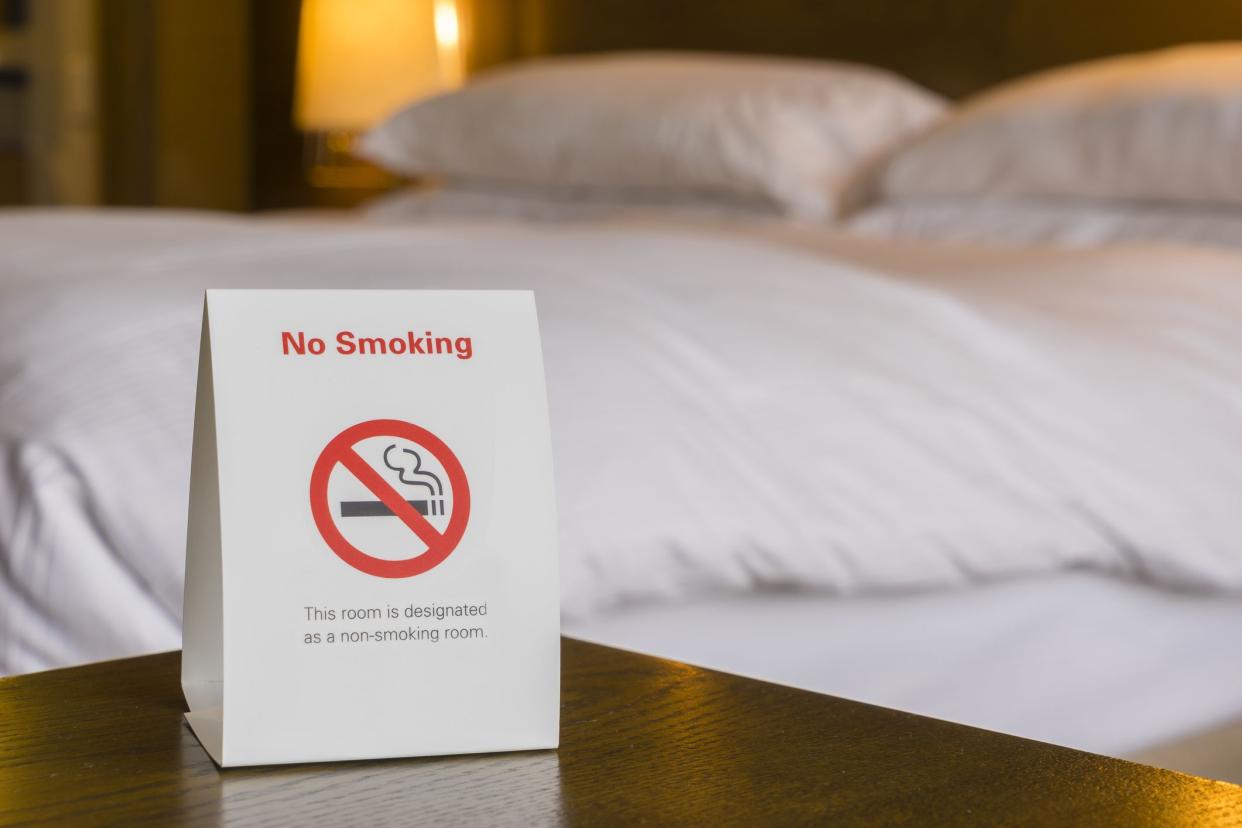 Non smoking hotel room with sign and bed as background