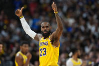 Los Angeles Lakers forward LeBron James gestures for a call in the second half of Game 5 of an NBA basketball first-round playoff series against the Denver Nuggets Monday, April 29, 2024, in Denver. (AP Photo/David Zalubowski)