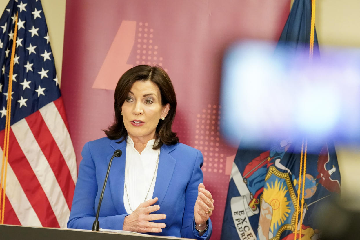 Gov. Kathy Hochul during a press conference at Albany Health Center in Albany, N.Y., on March 19, 2024. (Cindy Schultz/The New York Times)