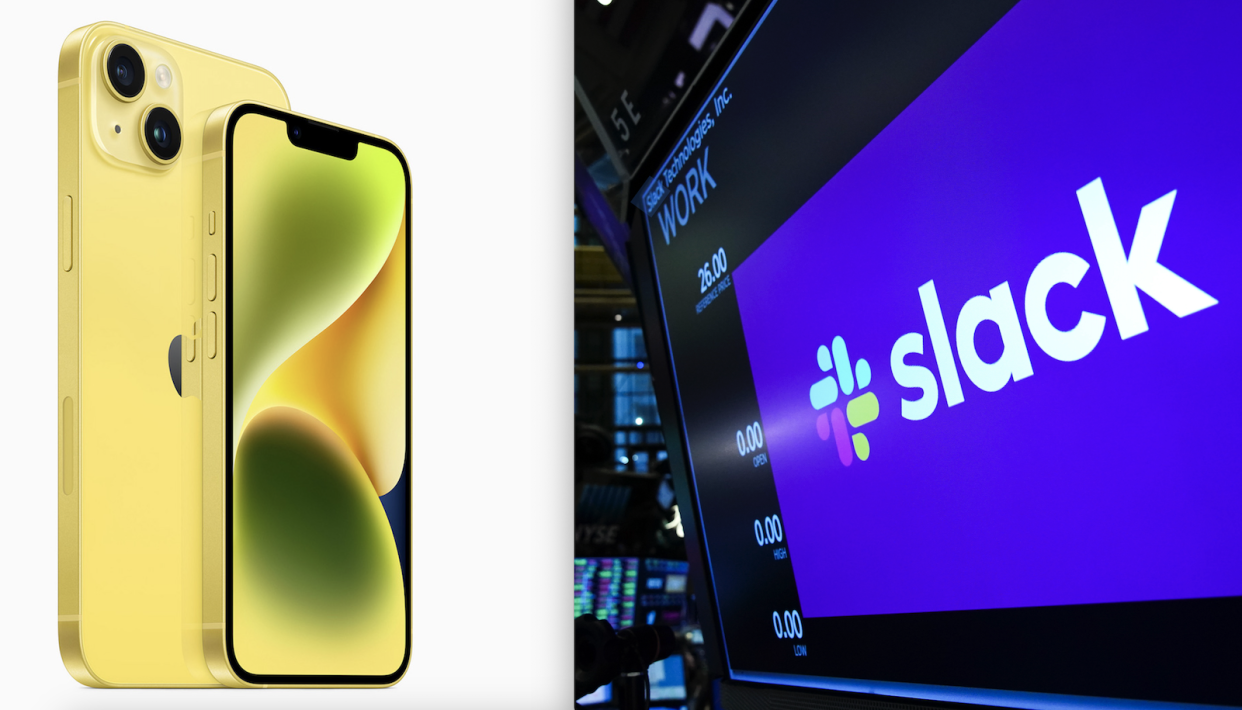 A composite image of tech: a yellow Apple iPhone 14 and a Slack logo.