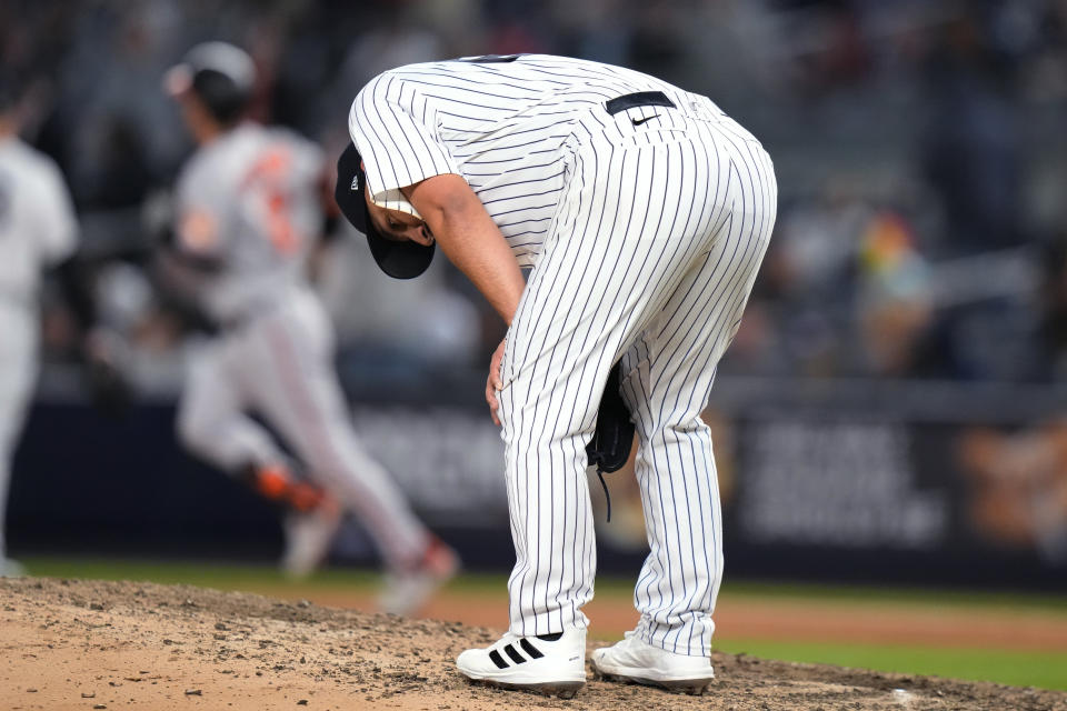 New York Yankees starting pitcher Nestor Cortes reacts as Baltimore Orioles' Adam Frazier runs the bases after hitting a three-run home run during the seventh inning of a baseball game Wednesday, May 24, 2023, in New York. (AP Photo/Frank Franklin II)