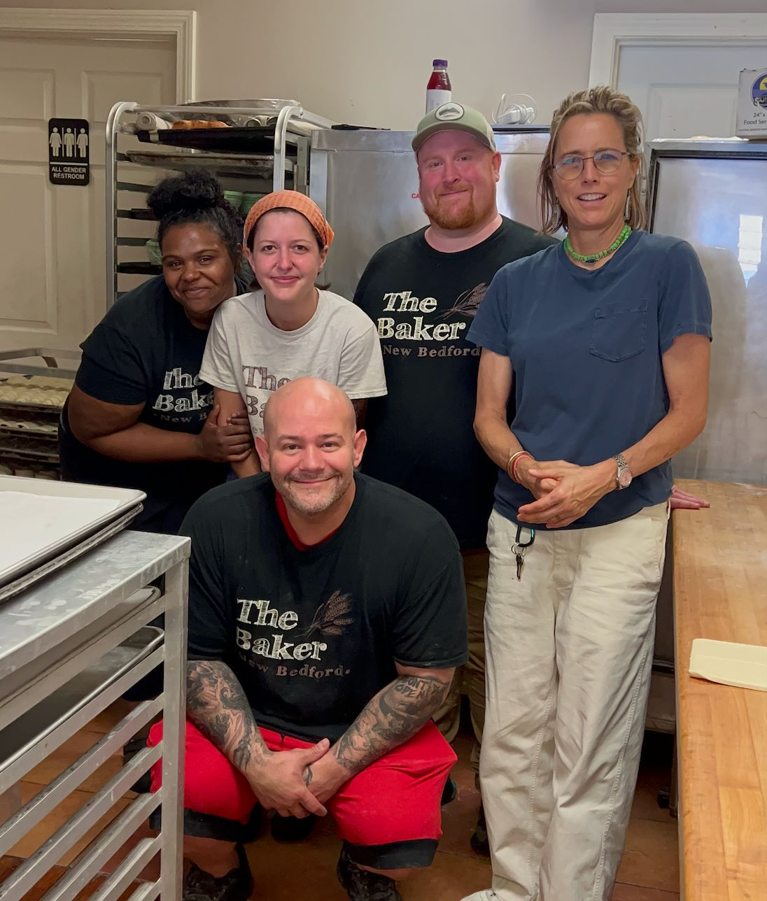 Tea Leoni, right, stands with The Baker staff members Michaela DeAndrade, left, Amelia Ostigui, David Landers, and Gabriel Oellano.