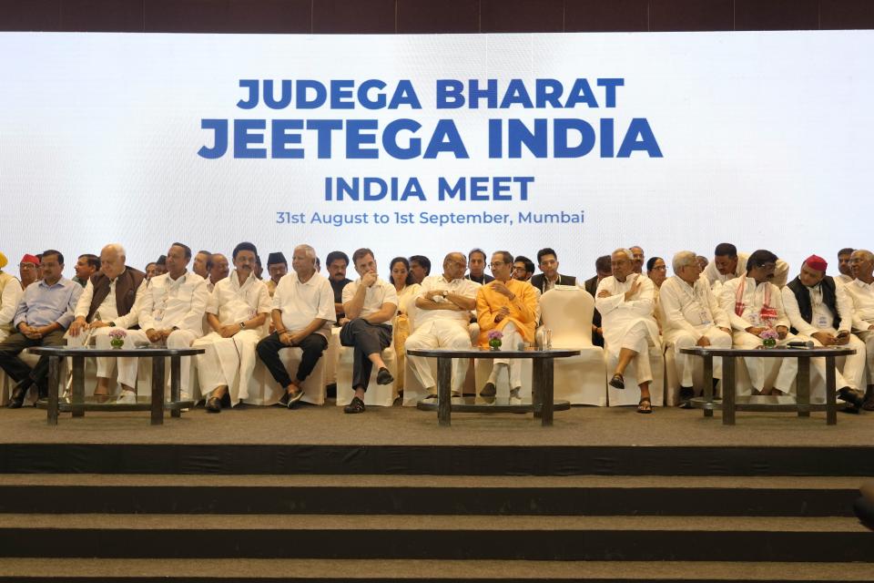 Leaders from the opposition INDIA alliance sit for a press briefing in Mumbai, India, Friday, Sept. 1, 2023. India’s fractured opposition parties on Friday decided to jointly contest the 2024 national elections in their bid to unseat Prime Minister Narendra Modi and prevent his Hindu nationalist Bharatiya Janata Party from achieving a third straight win. The 26 parties decided to work out seat-sharing arrangements in different states in ``a collaborative spirit of give-and-take″ to avoid splitting of votes in favor of Modi’s party. (AP Photo/Rajanish Kakade)