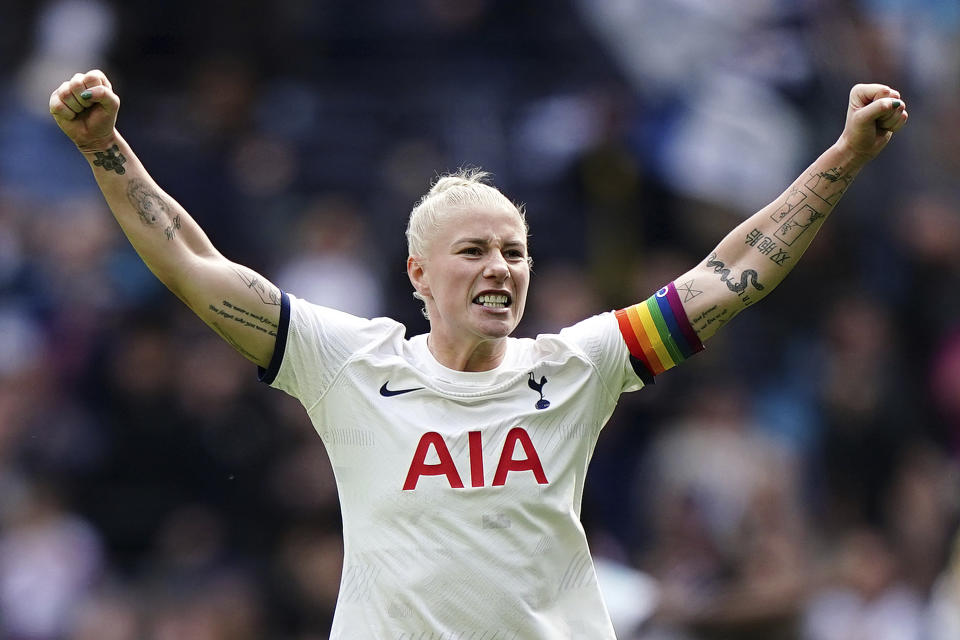 Tottenham's Bethany England celebrates after the Adobe Women's FA Cup semi-final match between Tottenham Hotspur and Leicester City in London, England, Sunday, April 14, 2024. (Zac Goodwin/PA via AP)