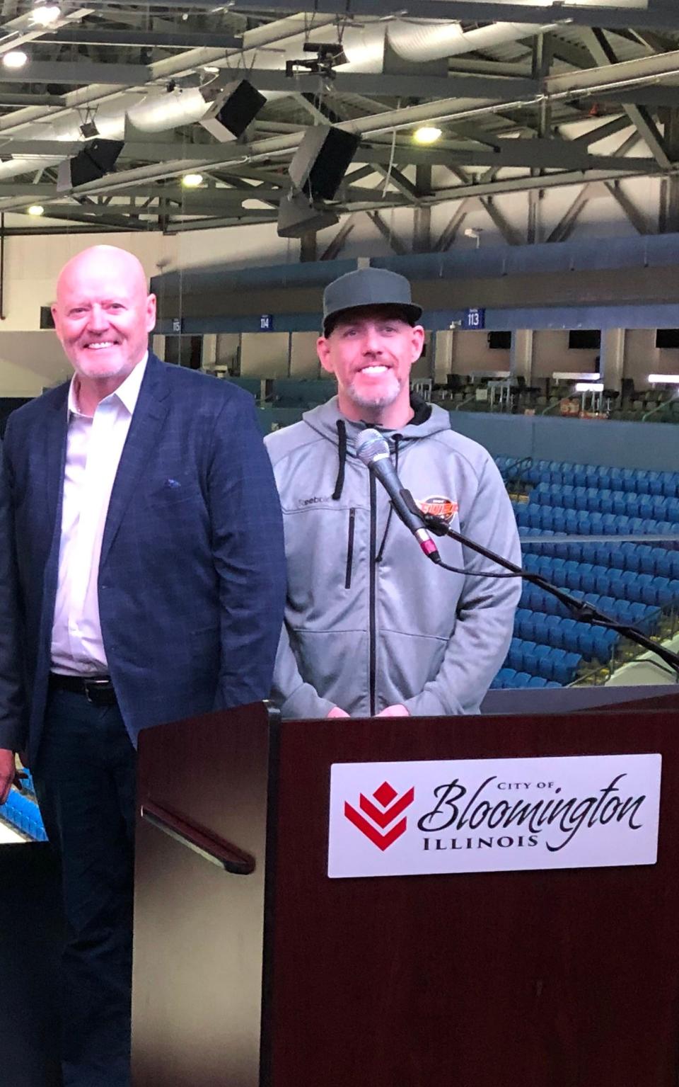 Bloomington Bison exec Sean Hallett (left) and his brother, Chad at a news conference introducing the new ECHL team on Wednesday, Jan 24, 2024 in Bloomington.