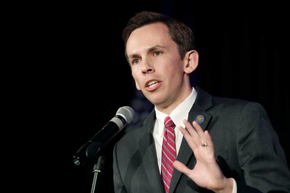 Republican State Auditor Shad White thanks supporters at a state GOP election night victory party, Tuesday, Nov. 5, 2019, in Jackson, Miss. White, who was appointed to the position, ran unopposed. (AP Photo/Rogelio V. Solis)