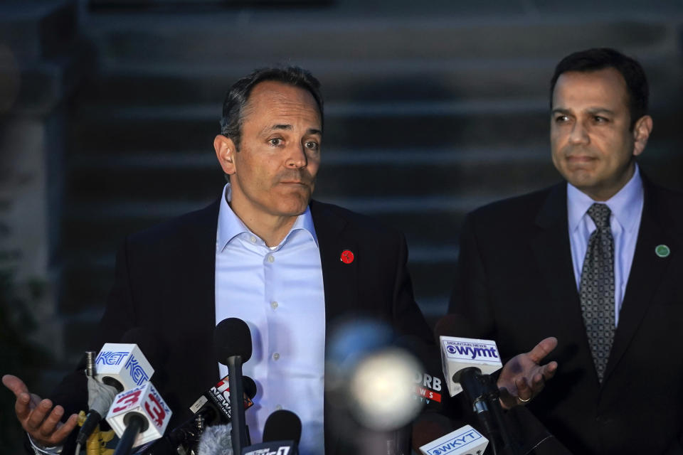 Kentucky Gov. Matt Bevin, left, and Kentucky Sen. Ralph Alvarado, the Republican nominee for lieutenant governor, speak to the media after winning the Republican gubernatorial primary, in Frankfort, Ky., Tuesday, May 21, 2019. (AP Photo/Bryan Woolston)