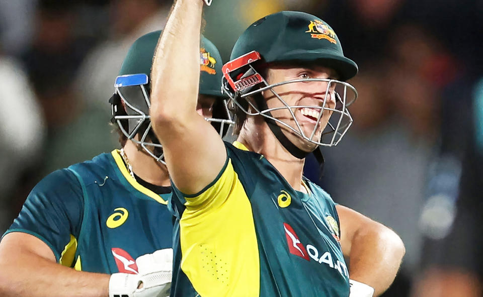 Tim David and Mitch Marsh in the first T20 against New Zealand.