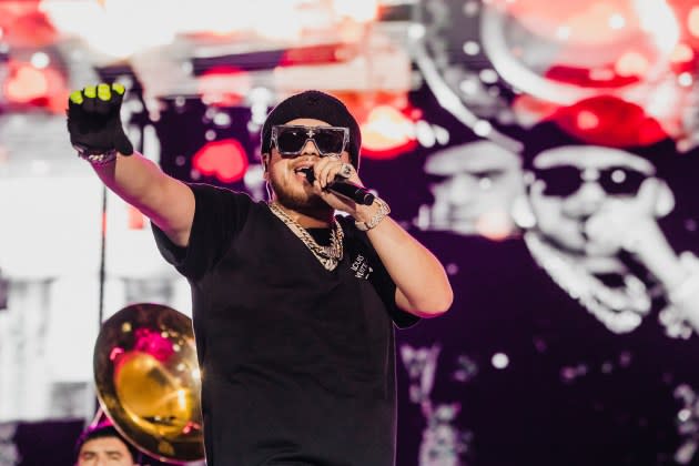 Jesús Ortiz Paz, singer of Fuerza Regida, peforming as part of the 2024 'Tecate Pal'Norte' Festival at Parque Fundidora on March 31, 2024 in Monterrey, Mexico. - Credit: Medios y Media/Getty Images