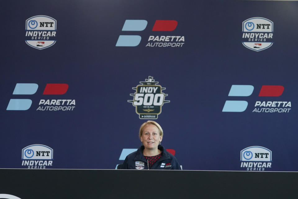 Beth Paretta speaks during a news conference at the Indianapolis Motor Speedway, Tuesday, Jan. 19, 2021, in Indianapolis. Paretta and Swiss driver Simona de Silvestro are teaming up to put a female-run race team in this year's Indianapolis 500. (AP Photo/Darron Cummings)