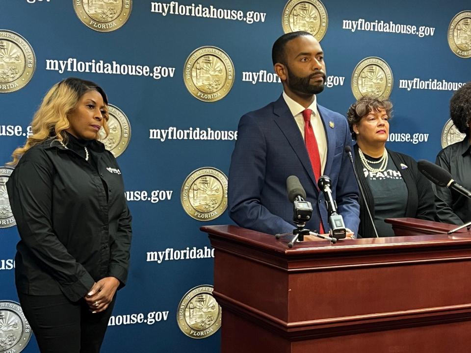 Rep. Gallop Franklin, D-Tallahassee, is flanked by members of Faith in Florida while he discusses a Right to Contraceptive Act, Jan. 31, 2024