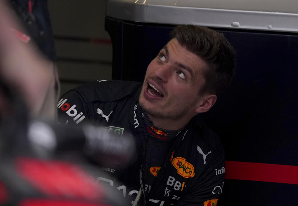 Red Bull driver Max Verstappen, of the Netherlands, talks to his crew before a practice run of the Formula One Mexico Grand Prix at the Hermanos Rodriguez racetrack in Mexico City, Friday, Oct. 28, 2022. (AP Photo/Fernando Llano)