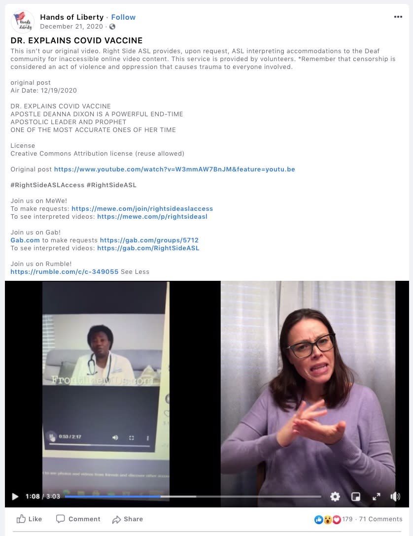 Mewshaw in a video on Hands of Liberty's since-Facebook page promoting a doctor who has spread anti-vaccine conspiracy theories.<span class="copyright">Mewshaw in a video on Hands of Liberty's since-Facebook page promoting a doctor who has spread anti-vaccine conspiracy theories.</span>