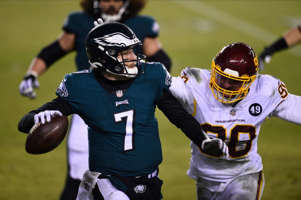 Philadelphia Eagles' Nate Sudfeld plays during the second half of an NFL football game against the Washington Football Team, Sunday, Jan. 3, 2021, in Philadelphia. (AP Photo/Derik Hamilton)