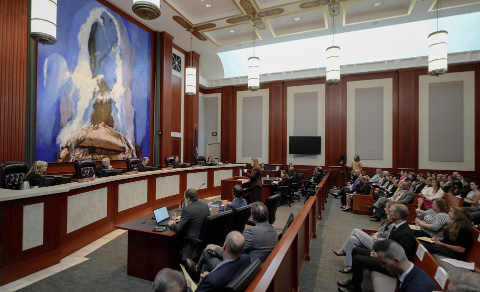 The Utah Supreme Court listens to oral arguments involving Utah's abortion trigger law, Tuesday, Aug. 8, 2023, in Salt Lake City. The state Supreme Court is weighing a lower court's decision to put a law banning most abortions on hold more than a year ago. (Francisco Kjolseth/The Salt Lake Tribune via AP, Pool)