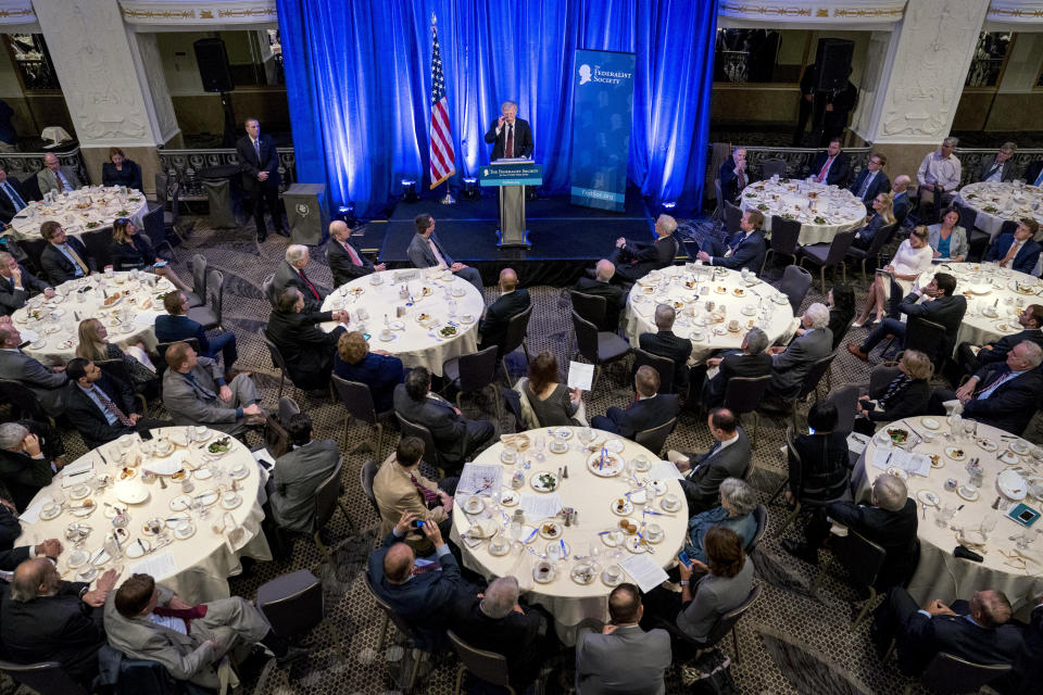 National Security Adviser John Bolton speaks at a Federalist Society luncheon at the Mayflower Hotel, Monday, Sept. 10, 2018, in Washington. (AP Photo/Andrew Harnik)