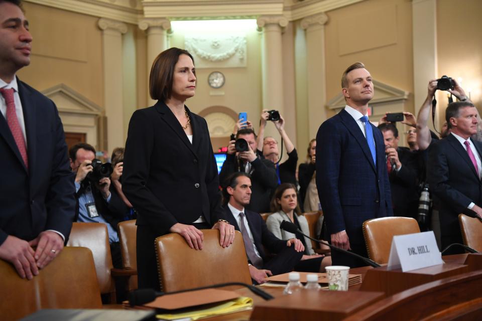 National Security Council official Fiona Hill and State department official David Holmes testify before the House Intelligence Committee on Nov. 21, 2019 in a public hearing in the impeachment inquiry into President Donald Trump.