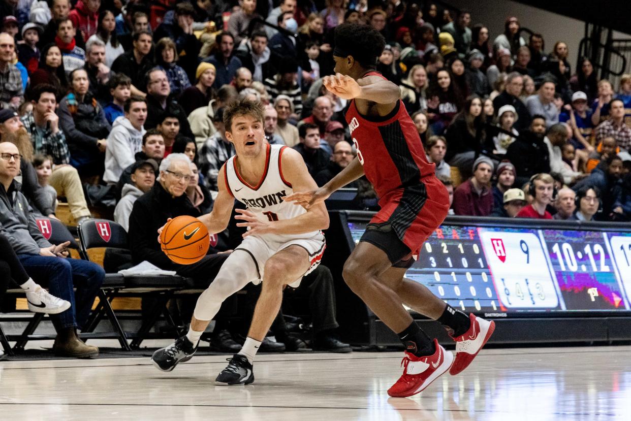 Paxson Wojcik in action for Brown in a 2023 game vs. Harvard. Wojcik now suits up for North Carolina.