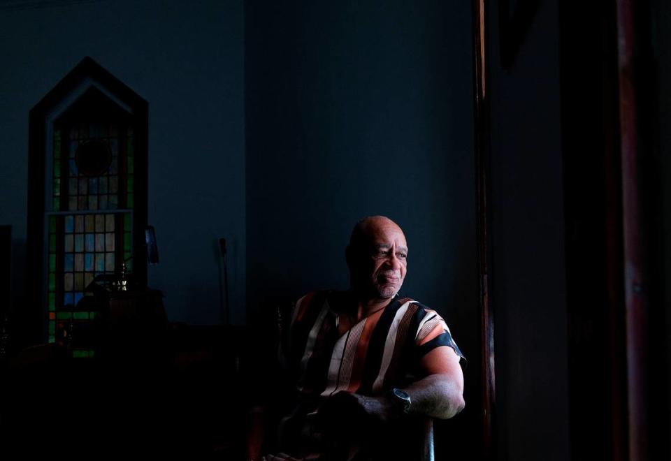 Horace Johnson, Jr., a member of the Preservation Hillsborough board and Alliance for Historic Hillsborough, is photographed inside Dickerson Chapel AME Church on Thursday, April 18, 2024, in Hillsborough, N.C.