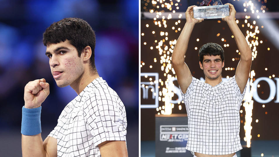 Seen here, Carlos Alcaraz celebrates after winning the ATP's Next Gen Finals title. 