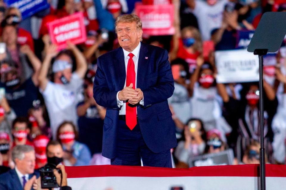 President Donald Trump arrives to his Make America Great Again campaign rally cheer before his arrival at the Middle Georgia Regional Airport in Macon on Oct. 16, 2020.