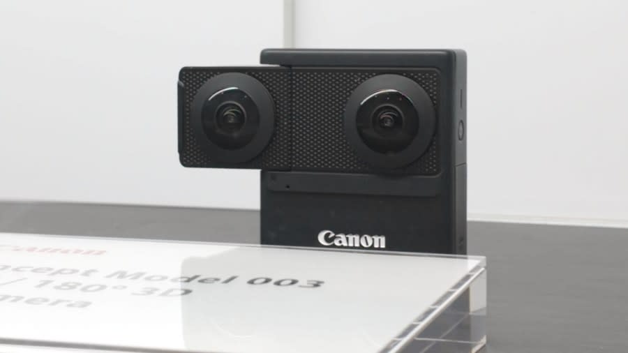 Canon's aptly titled "Concept Model 003" promises 180-degree 3D video in a handheld package ready for consumers to record their memories in the immersive format at NABSHOW 2024 in Las Vegas. (KLAS)