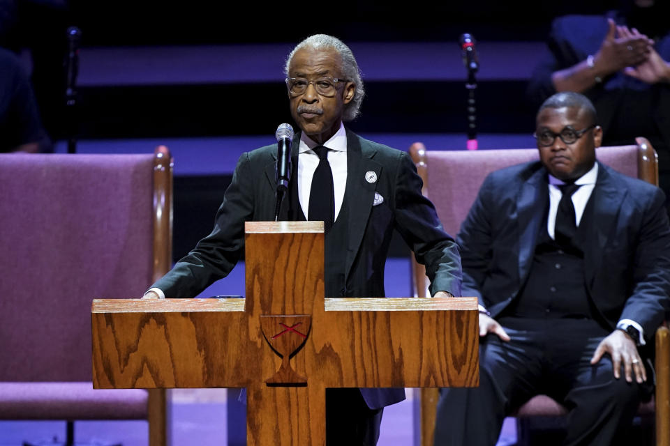 Rev. Al Sharpton delivers the eulogy for Tyre Nichols at Mississippi Boulevard Christian Church in Memphis, Tenn., on Wednesday, Feb. 1, 2023. Nichols died following a brutal beating by Memphis police after a traffic stop. (Andrew Nelles/The Tennessean via AP, Pool)