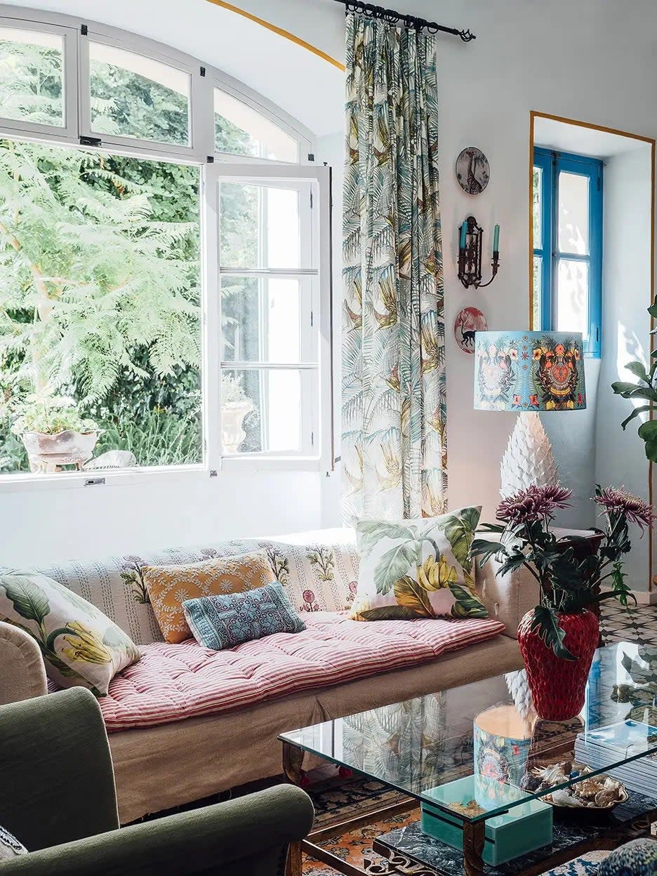 tropical maximalist living room