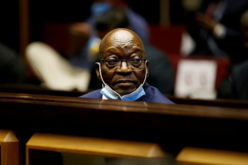 FILE PHOTO: Former South African President Jacob Zuma sits in the dock after recess in his corruption trial in Pietermaritzburg