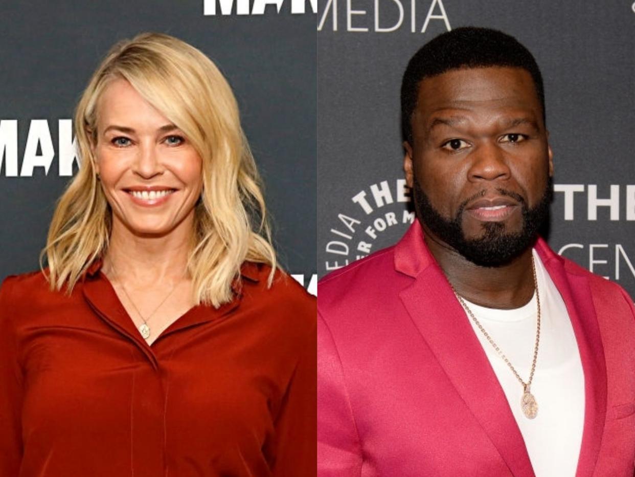 Chelsea Handler and 50 Cent at events in early 2020 (Rachel Murray/Brad Barket/Getty Images)