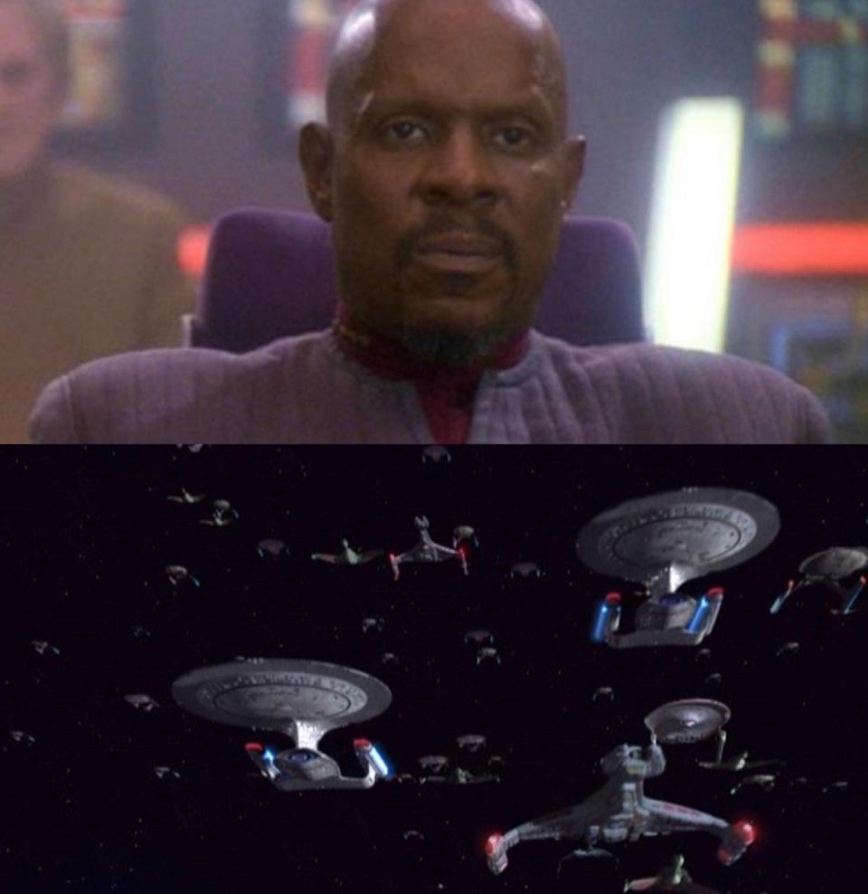 Captain Benjamin Sisko (Avery Brooks) leaves DS9 and Starfleet readies for war in the Deep Space Nine season 5 finale "A Call to Arms."