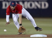 Mississippi shortstop Jacob Gonzalez (7) ranges into the gap to field a grounder by Arizona's Tanner O'Tremba for the third out in the fourth inning in an NCAA college baseball tournament super regional game Saturday, June 12, 2021, in Tucson, Ariz. (Kelly Presnell/Arizona Daily Star via AP)