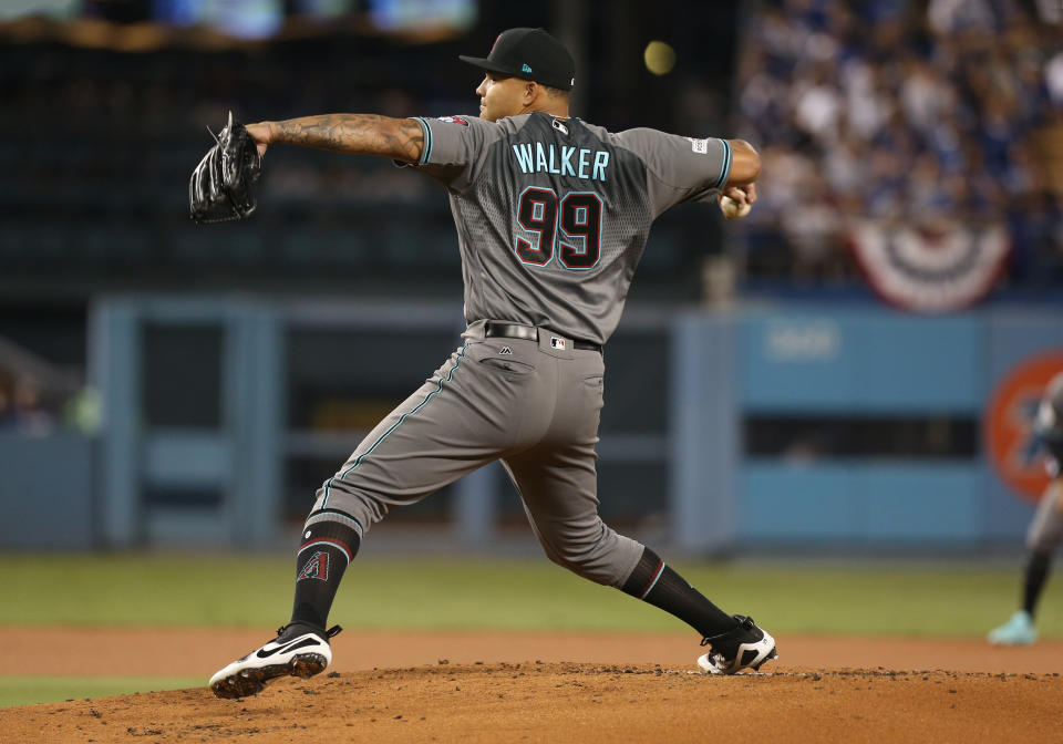 LOS ANGELES, CA - OCTOBER 06: Arizona Diamondbacks pitcher Taijaun Walker ( 99 ) throws a pitch  during Game 1 of the NLDS against the Los Angeles Dodgers on October 06, 2017, at Dodger Stadium in Los Angeles, CA.  (Photo by Adam Davis/Icon Sportswire via Getty Images)