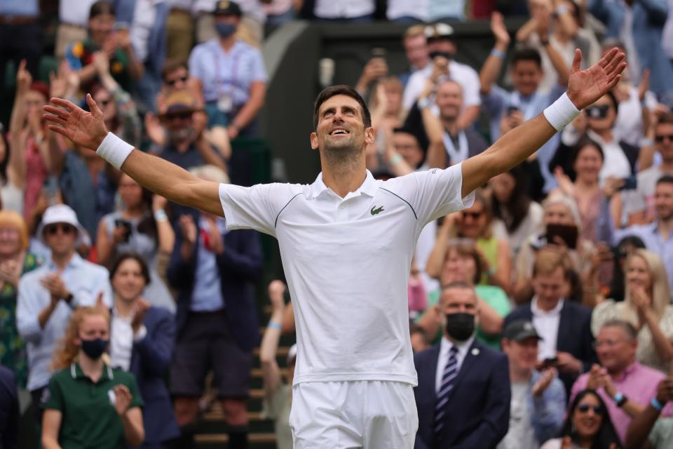 Seen here, Novak Djokovic celebrates winning the Wimbledon title in 2021.