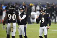 Baltimore Ravens kicker Justin Tucker reacts after kicking a field goal during the second half of an NFL football game against the Tennessee Titans, Sunday, Nov. 22, 2020, in Baltimore. The Titans won 30-24 in overtime. (AP Photo/Gail Burton)